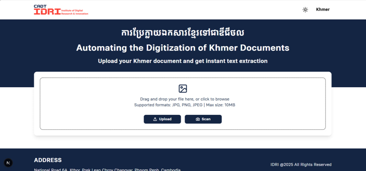 The user interface of the Khmer OCR Tool showing the main landing page with drag-and-drop file upload and real-time webcam scanning options.
